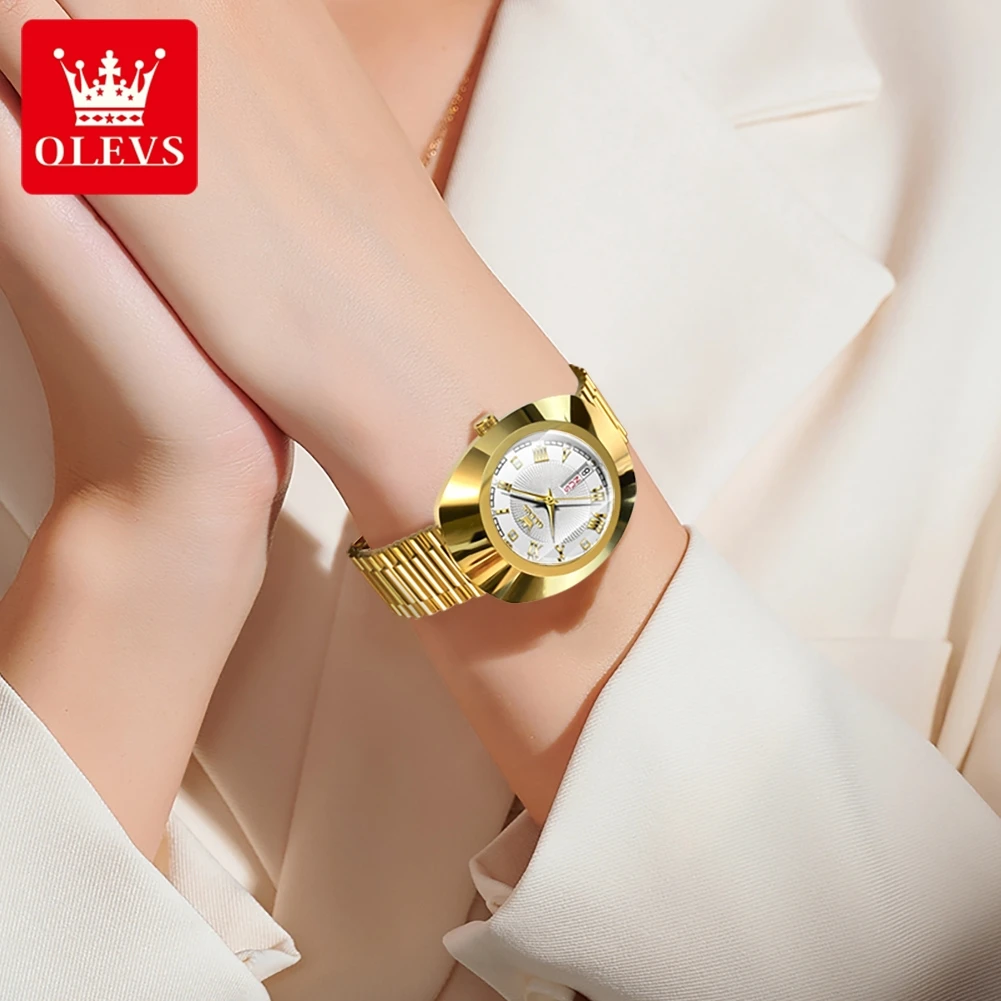OLEVS 7008 New Big Dial Luxury Quartz Watch For Women Diamond Dual Calendar Elegant Ladies Hand Clock Waterproof Woman Watches