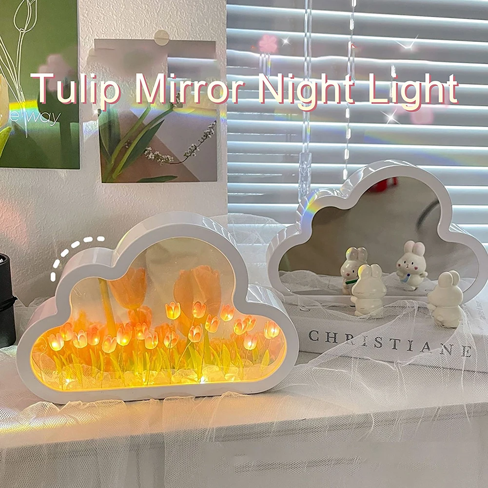 

DIY Cloud Tulip Mirror Night Light Simulation Tulip Cloud Table Lamp Ornaments For Birthday Xmas Gifts Home Decor Wholesale