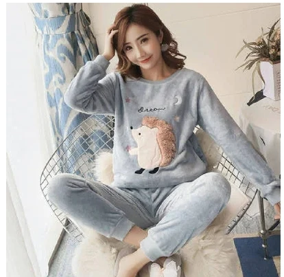 New Autumn Winter Warm Flannel Women Pyjamas Sets Thick Coral Velvet Long Sleeve Cartoon Sleepwear Flannel Pajamas Set Girl
