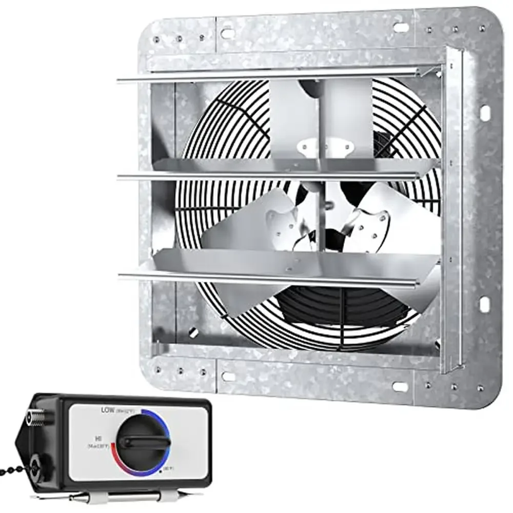14" Wall Mounted Shutter Exhaust Fan with Thermostat Control 3 Speeds Home Attic Garage Ventilation 850 CFM Weather Resistant