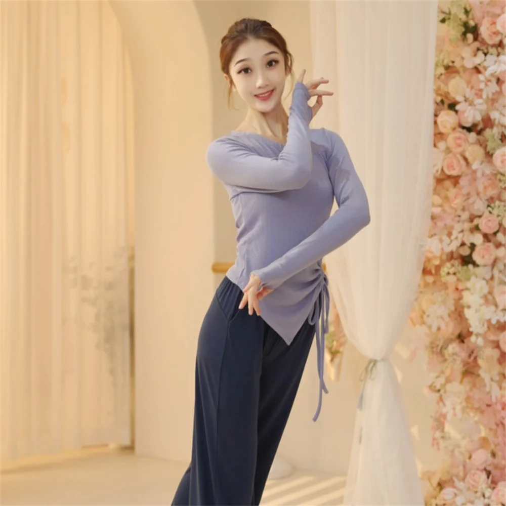 Women Yoga Tops Long Sleeve Drawstring Dancing Ballet Shirts Cotton Modern Dance Jazz High Elastic Tights Latin Dance Clothes