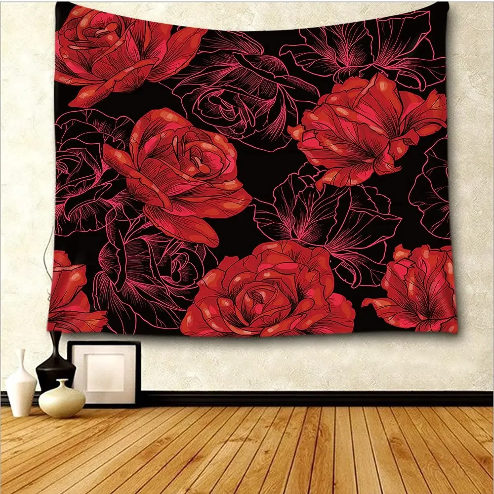 

Red Rose Tapestry Flower Plant Tapestry Botanical Nature Tapestry Red and Black Tapestry for Bedroom Living Room Wall Decor