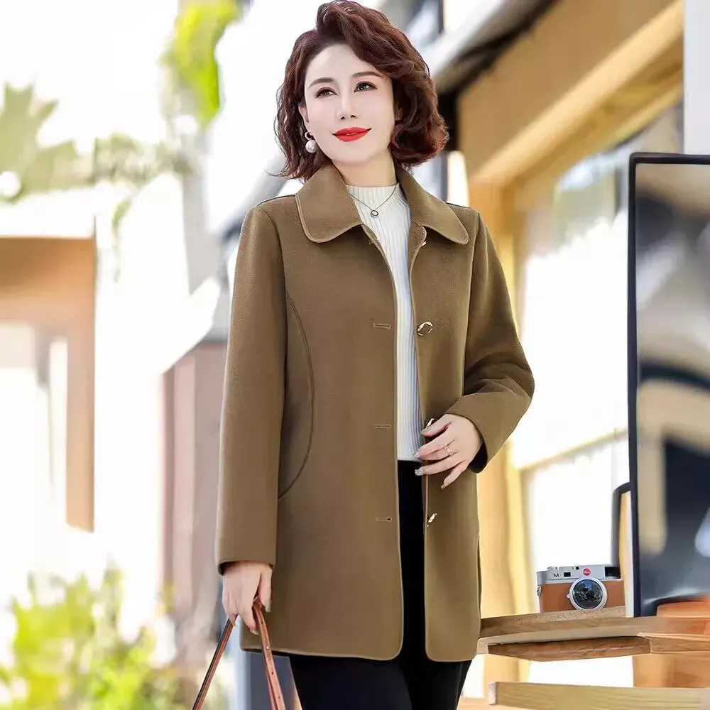 중년 노인 여성용 스타일리쉬 울 재킷, 양면 좋은 오버코트 시트, 벤치 액세서리, 2024 용수철 신상