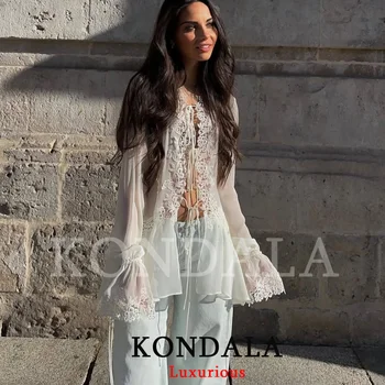 KONDALA Sexy Chiffon Transparent Women Blouses Bow Tie Patchwork Loose Ruffles Shirts Fashion 2026 Summer Beach Holiday Outwear