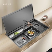 ASRAS Nanometer Black Flip Cover Hidden kitchen Sink 304 Stainless Steel 4mm Thickness Handmade Stepped Sinks Cup Rinser Sinks 1