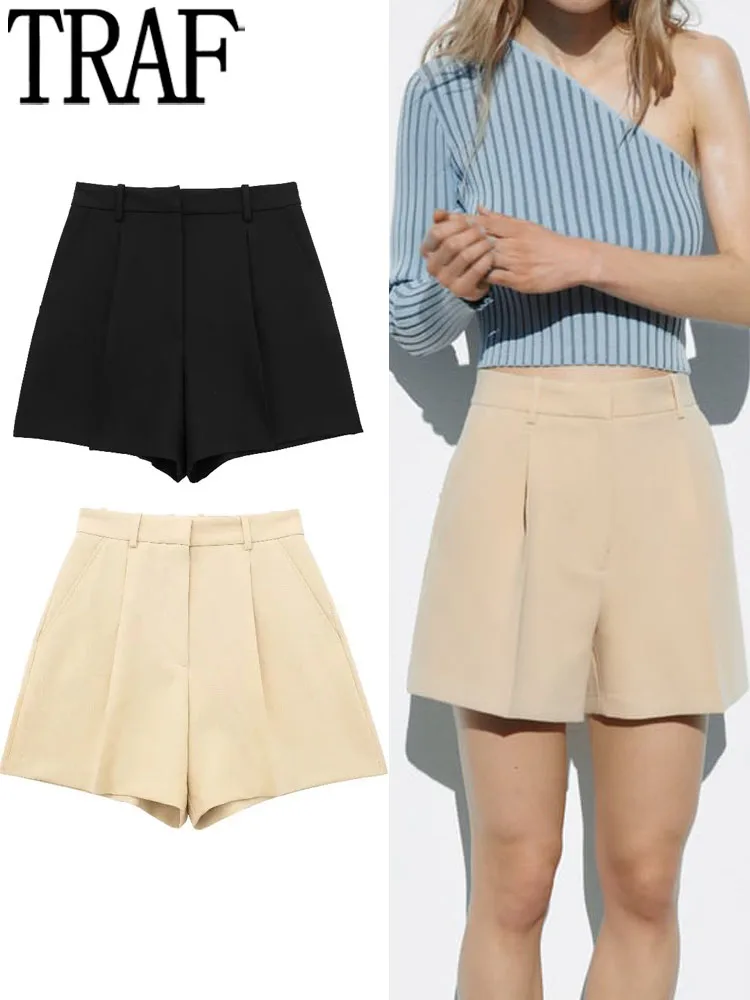 Traf 2023 Bermuda Shorts For Women Beige Black Shorts Women High Waist