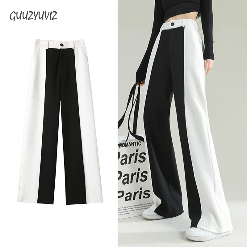 

GUUZYUVIZ Black White Splice Straight Women Suit Pants Korean Style Casual Loose Female Wide Leg Pants Pantalones Holgados Mujer