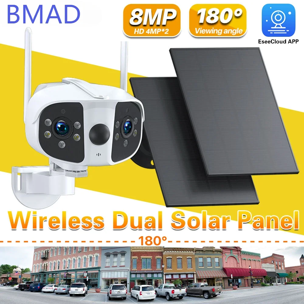 

8MP Dual Lens Dual Solar Panel Camera 180° Wide Angle 4K WIFI Wireless Security Outdoor Built-in Battery Video Surveillance Cam