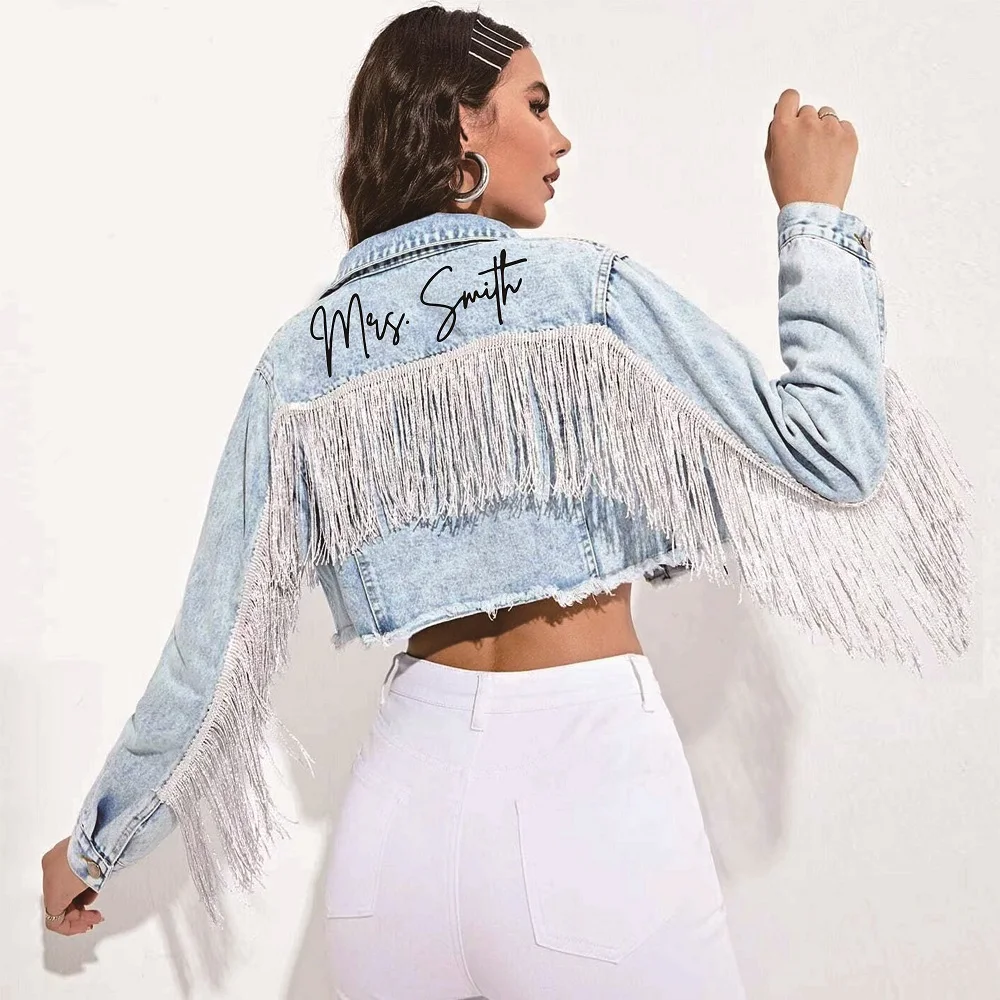 Sliver Fringe Mrs Personalized Denim Jacket Wedding Bride Jackets Bridal Engagement Gift Cowgirl Bachelorette Party Bridesmaid