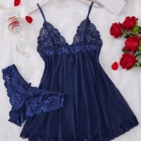 Ensemble de Lingerie en dentelle contrastée bleue, garniture à volants, chemise de nuit transparente pour femmes, Mini robe en V profond et string, sous-vêtements 2