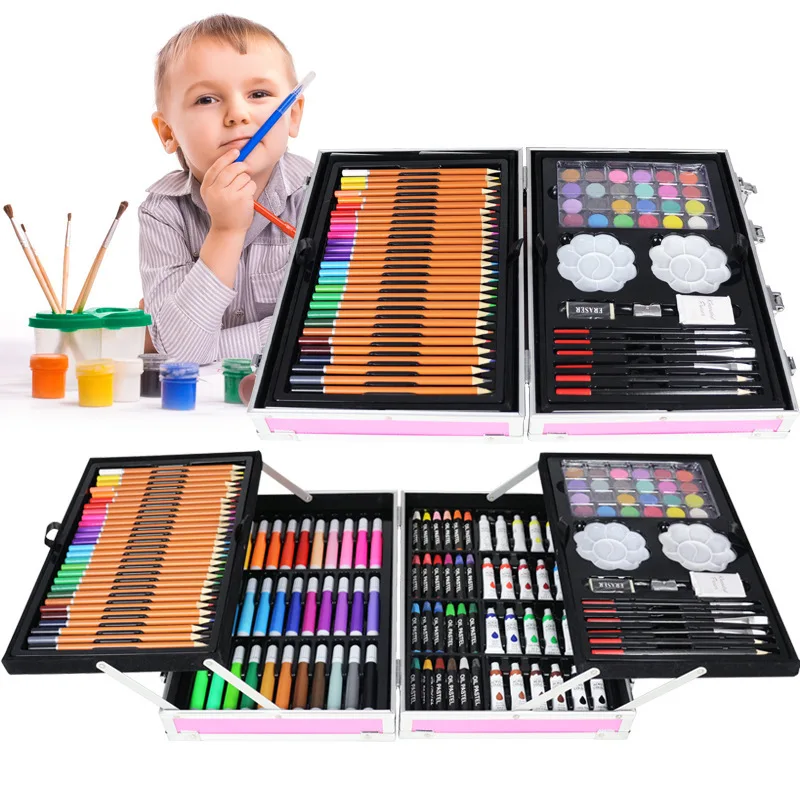 200PCS deluxe aluminum box children's educational coloring set a variety of painting doodle stationery children's birthday gift 3d printing pen children s brush set creative 3d doodle pen cryogenic paint brushes art supplies