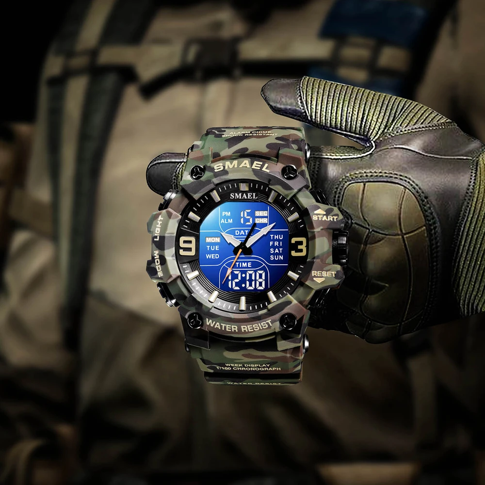 SMAEL-reloj deportivo con alarma para hombre, cronómetro militar de camuflaje, pantalla de hora Dual, Digital, de cuarzo, 8049