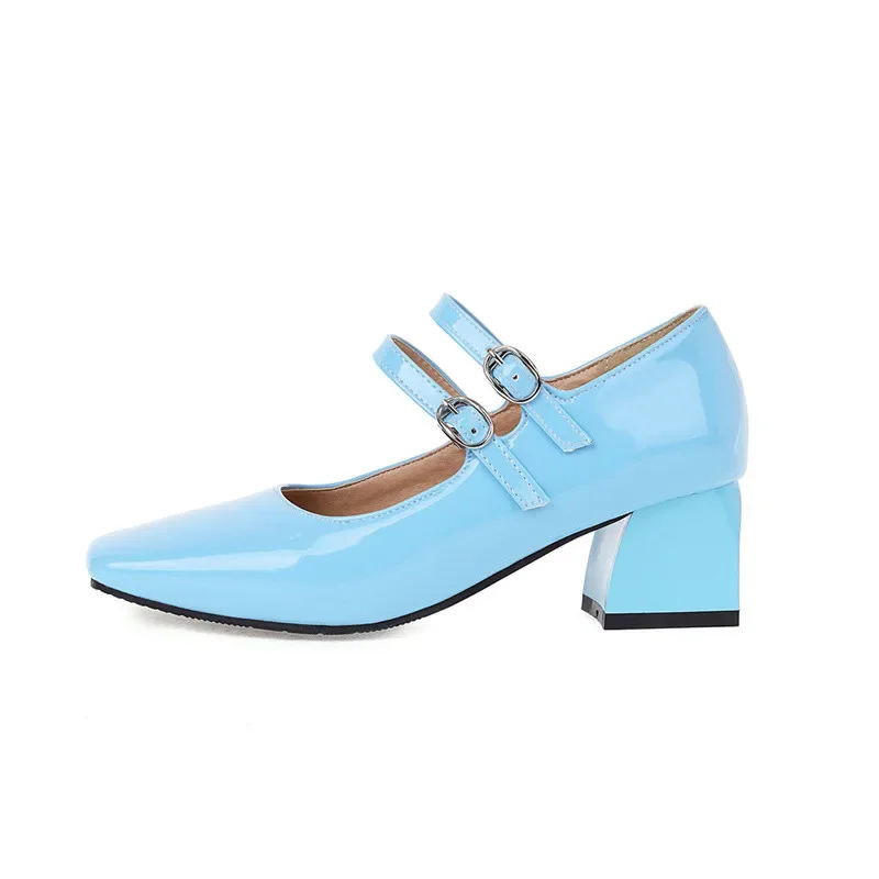 

2023 New Black Apricot Blue Yellow Girls Mary Jane Pumps Block 5cm Heel Teenage Belt Buckle Party Shoes Patent Leather