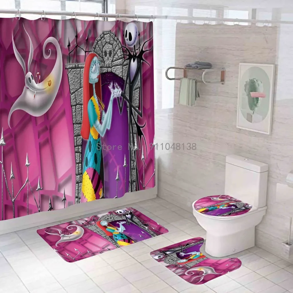 Nightmare Before Christmas Zombie Bride Jack Shower Curtain Sets Bathroom Halloween Decor with Hooks for Bathroom Waterproof
