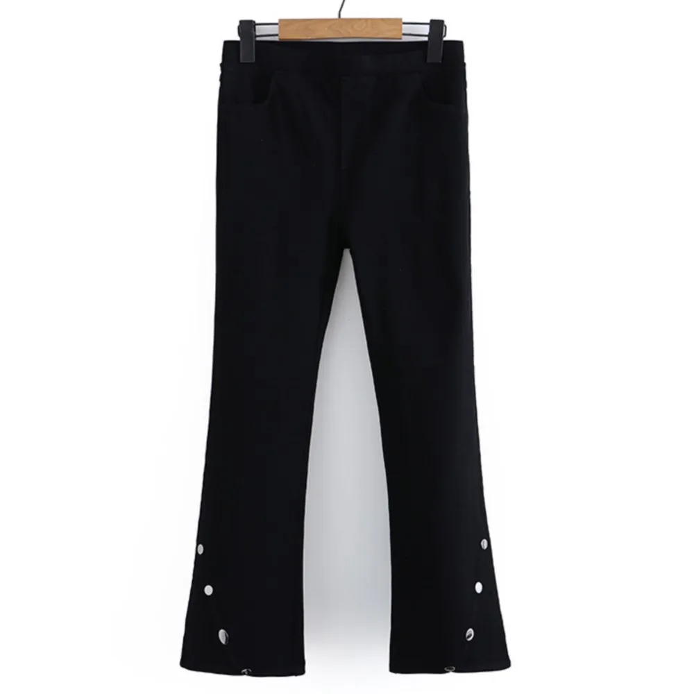 

2023 Autumn Clothes Women Flare Pants Plus Size Slim Casual Leg Opening Four Oblique Buttons Black Stretch Bottoms Curve