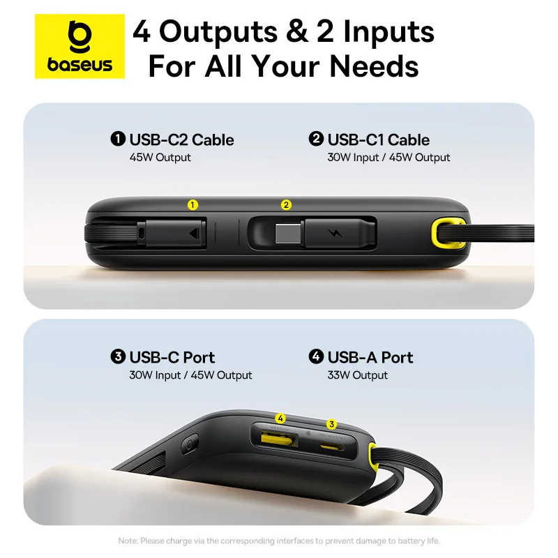 Baseus 45W 20000mAh Power Bank 10000mAh Built-In Retractable USB-C