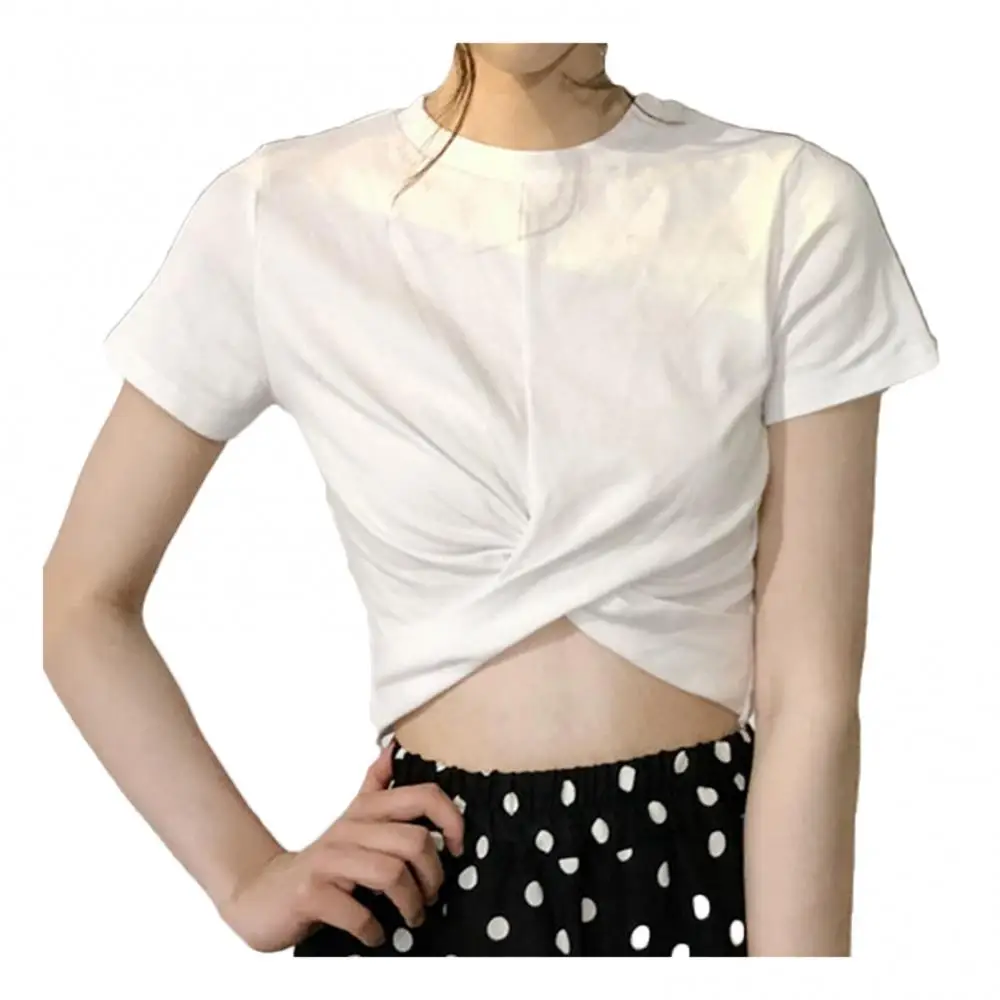 

Женская Однотонная футболка с коротким рукавом и круглым вырезом