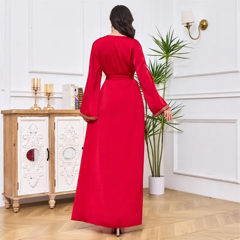 Fashion Chic Turkish Abaya Basic Solid Long Dress Tape Trim Sashes Muslim Casual Elegant Women Evening Clothing