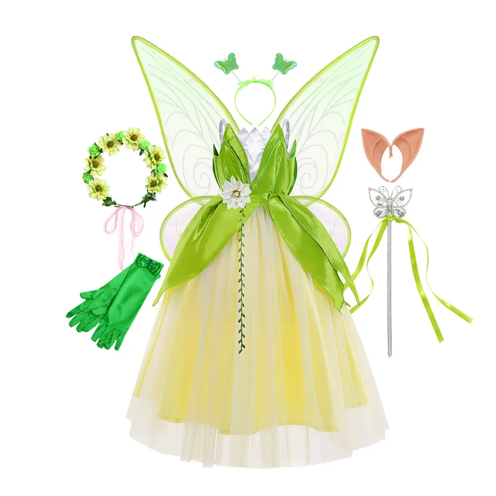 

Halloween Cosplay Baby Girls Party Christmas Green Flower Fairy Wings Carnival Tinker Bell Dress Frog Tiana Princess Costume