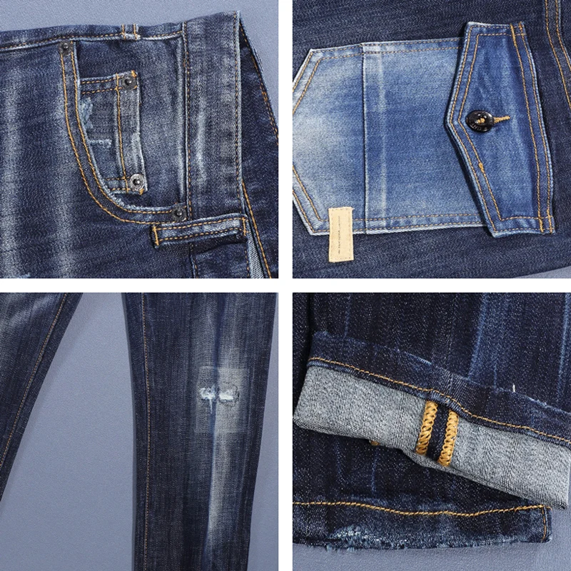 Street Fashion Men Jeans High Quality Retro Blue Elastic Slim Fit Vintage Ripped Jeans Men Pocket Designer Brand Pants Hombre