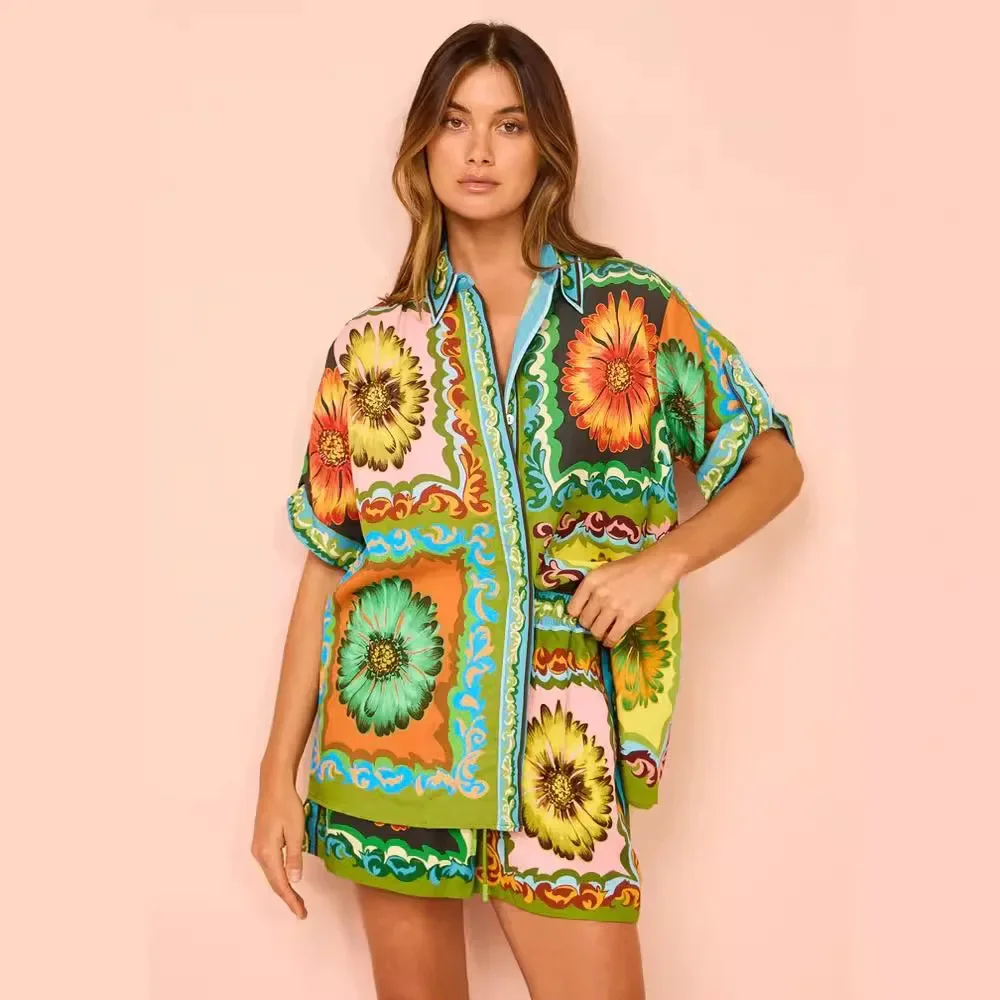 Beach Loose Casual Fashion All-Matching Printed Daisy Shorts Shirt Versatile Printed Daisy Linen Two Sets Holiday 2024 New