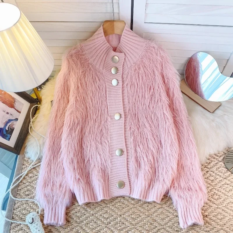 

Thick Keep Warm Sweaters Women Long Sleeve Single Breasted Stand Collar Femme Cardigan Korean Fashion Loose Sweater Dropship
