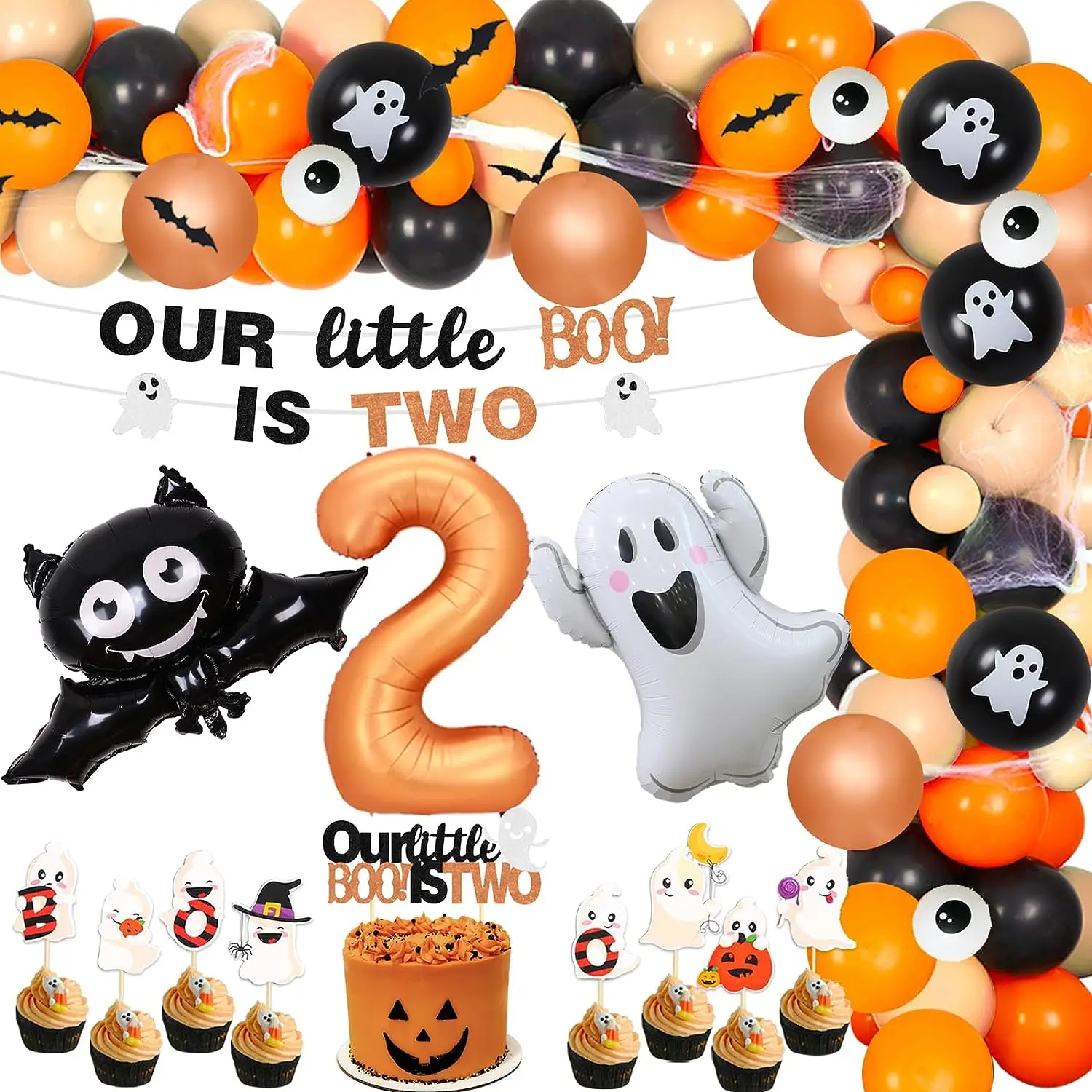 

Halloween 2nd Birthday Party Decorations Our Little Boo Is Turning Two Banner Orange Black Number 2 Ghost Bat Foil Balloon Arch