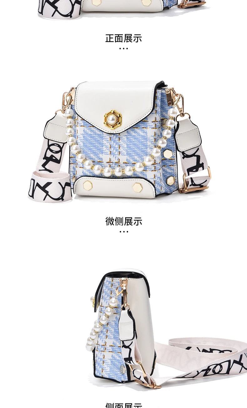 Mini Mit Nieten Decor Umhängetasche, frauen Plaid Muster Crossbody-tasche, Faux Perle Griff Klappe Geldbörse – Detail 17