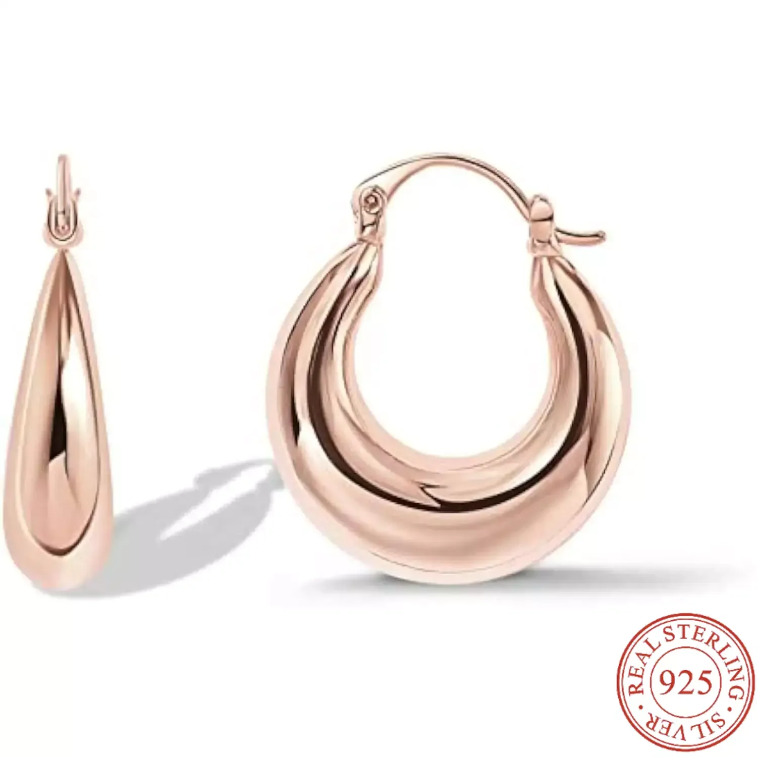

FANSILVER Rose Gold Earrings for Women - 14K Plated Sterling Silver Chunky Hoops, Lightweight and Hypoallergenic