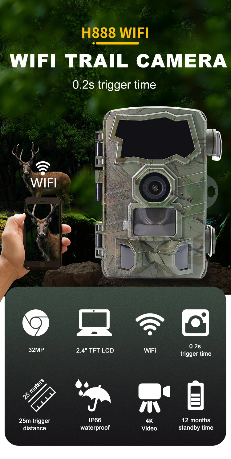 Outdoor WiFi Trail Camera Bluetooth 4K 32MP Game Camera 850NM Night Vision Motio
