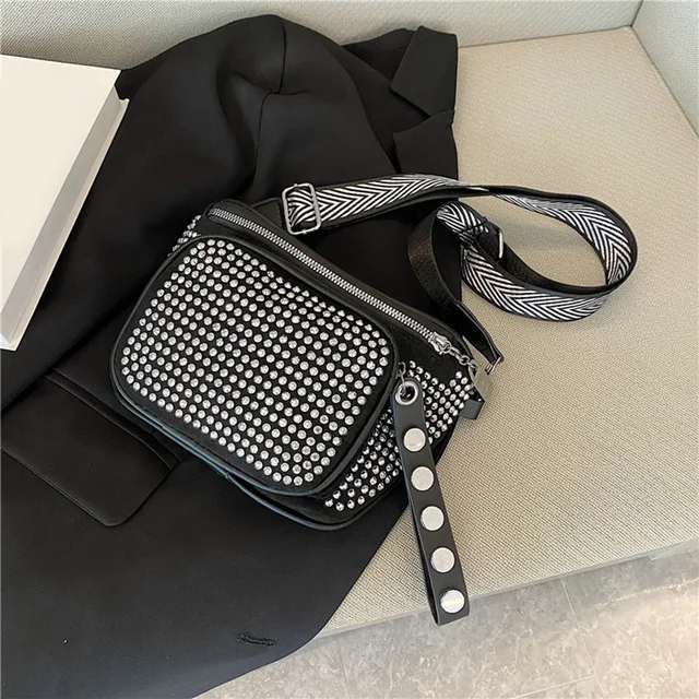 Fashion Sling Waist Pack PU Leather Women Crossbody Bags Rhinestone Diamond  Handbags Wide Strap Saddle Purse Travel Shoulder Bag