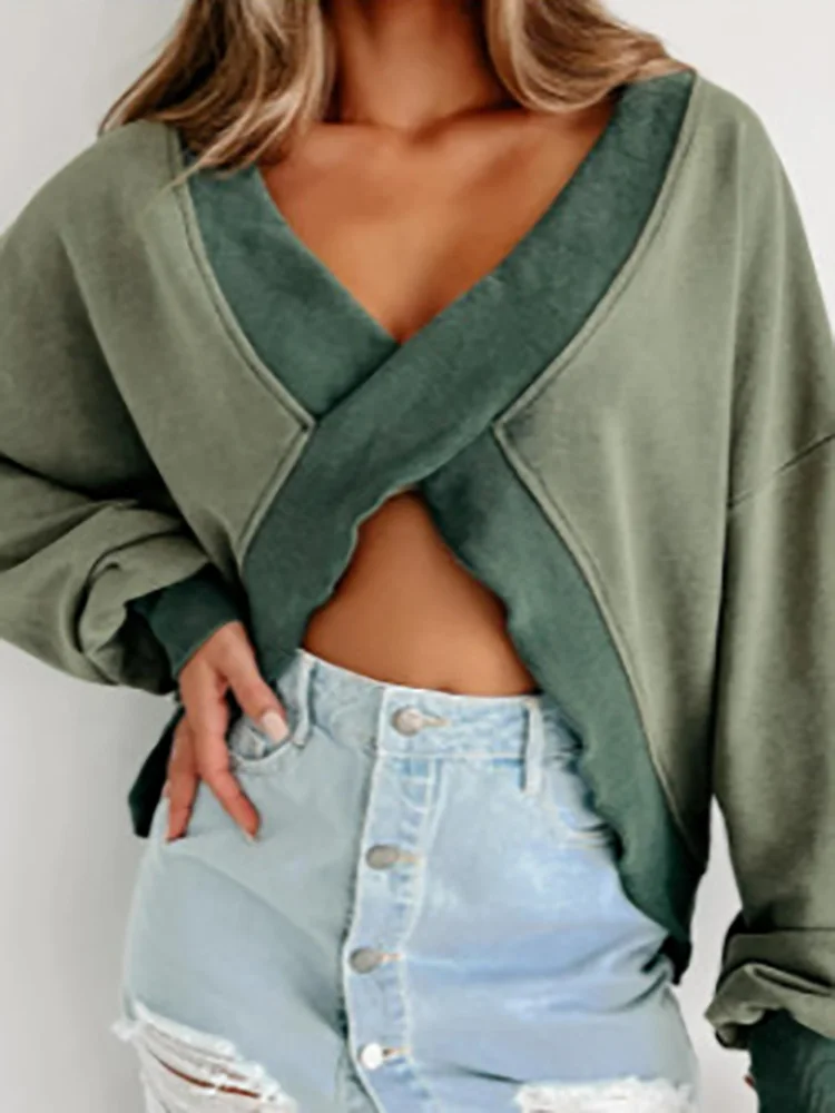 Long Sleeve Sexy V-Neck Women Pullovers 2023 Autumn Winter Loose Hollow Solid Patchwork Ladies Hoodies Streetwear Dropshipping