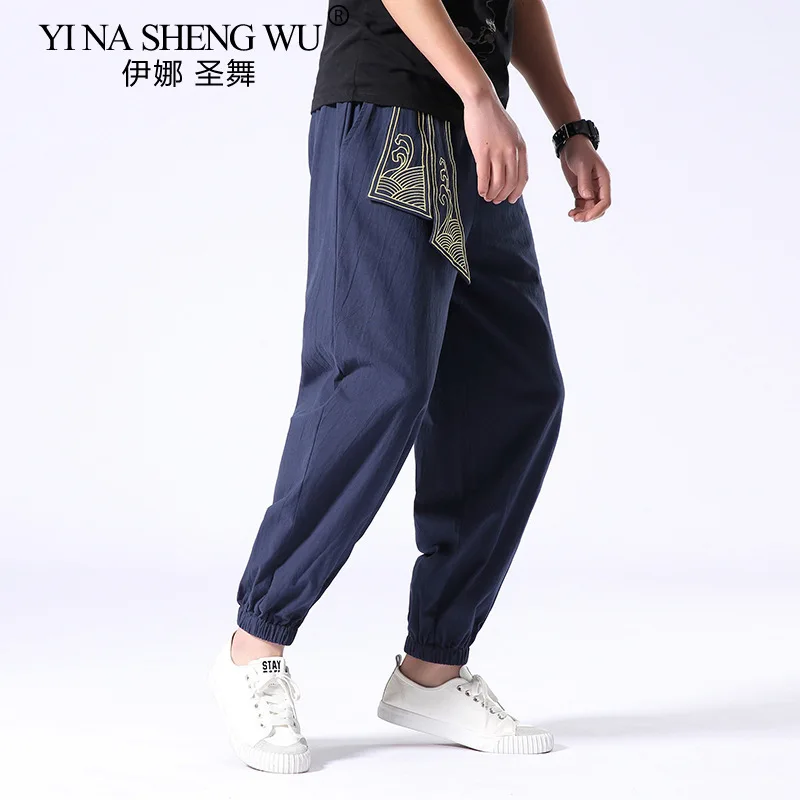 Kimono Men Cotton Linen Japanese Retro Samurai Costume Ukiyo-e Print Belt Harem Pants Mens Hip Hop Harajuku Haori Baggy Trousers