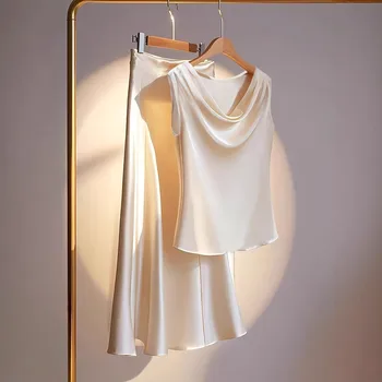 Women Satin Two Piece Set Cowl Neck SleevelessTop and Long Skirt Matching Set Satin Blouse and Midi Skirt Outfit for Women skirt 1