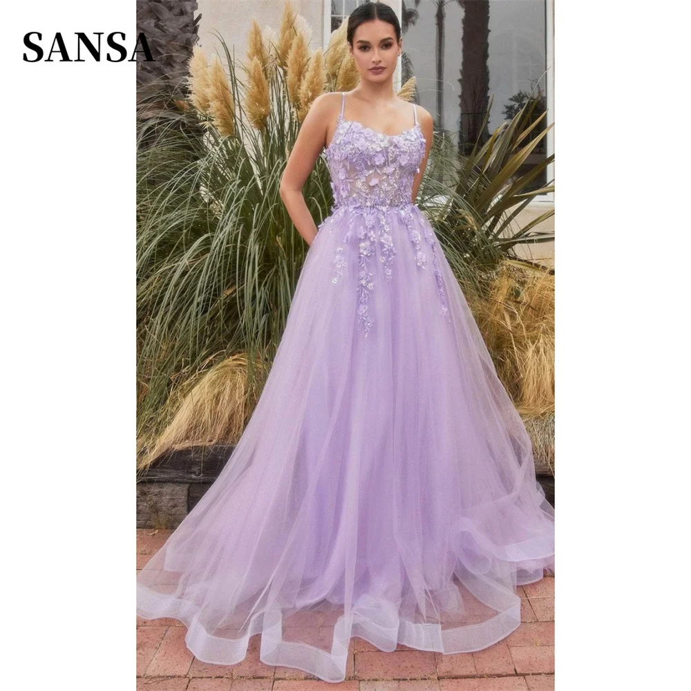 

Sansa Tulle A-line فساتين السهرة Flower Lace Embroidery Vestidos De Noche Romantic Spaghetti Strap A-line Backless Prom Dresses