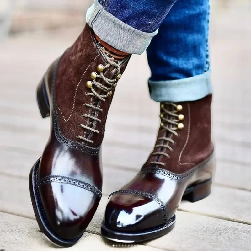 Leather Boots Mens Leather Boots Motorcycle Leather Boots Men Short Brown Bullock Flock Lace-up Square Toe Business Ankle Shoes