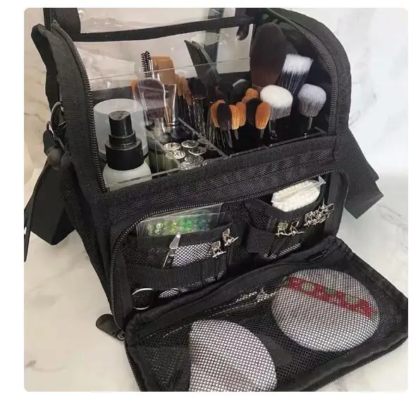 Custodia per trucco da viaggio con divisorio in acrilico custodia per Organizer con custodia per pennelli per trucco borsa per cosmetici in piedi borsa da viaggio per artisti - immagine 6