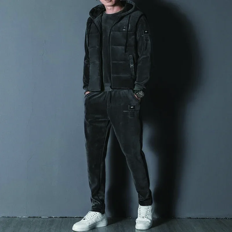 Ensemble Jogging Homme Hiver Épais Chaud Survêtement En Polaire Veste Manteau Sweat-Shirt à