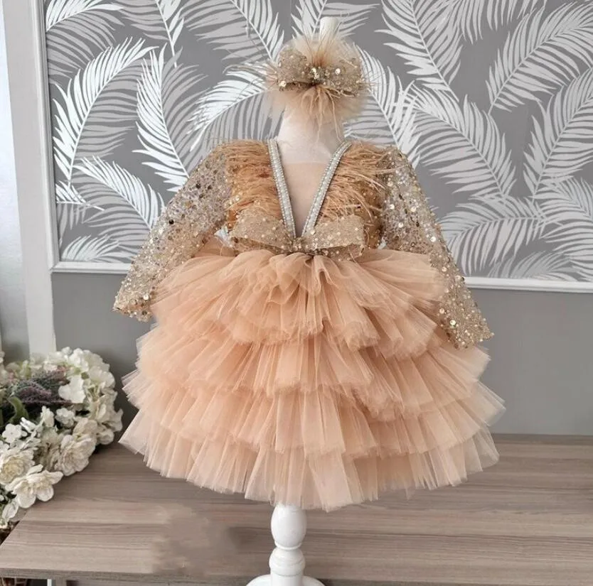 

New Handmade Baby Girls Birthday Party Gown V Neck Feathers Little Princess Dress Long Sleeves Baby Clothing