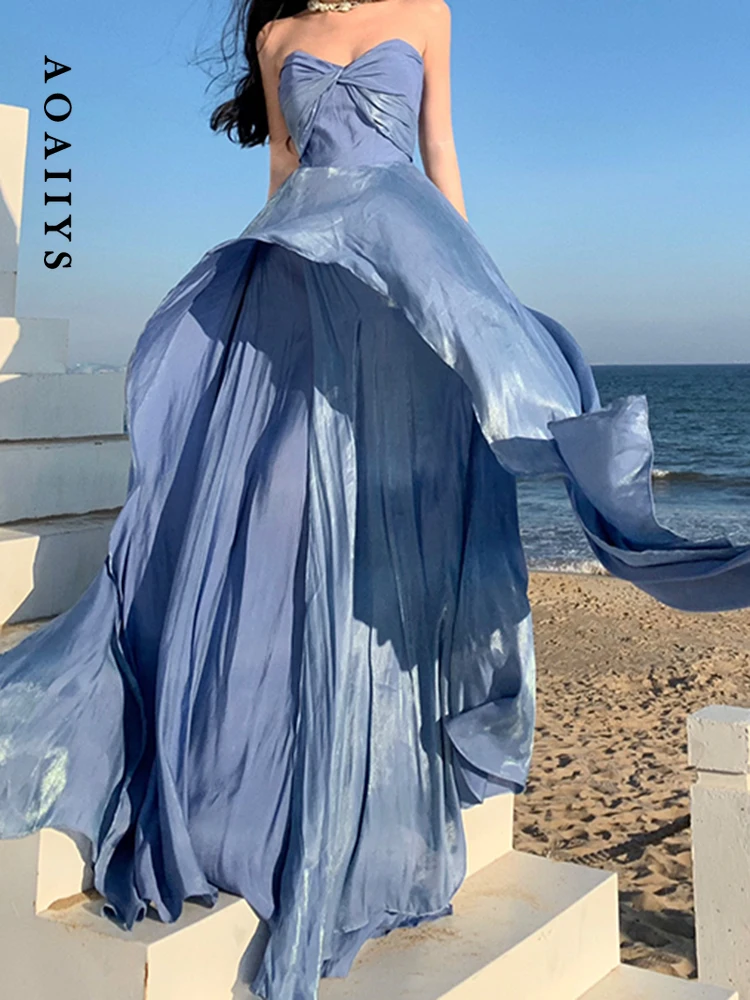 

Женские платья без бретелек Aoaiiys, Новые французские элегантные модные облегающие синие платья без бретелек, вечерние платья до пола