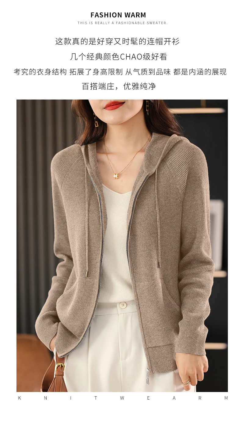 Women Autumn Winter Wool Blend Sweater Hooded Collar Thicken Knitted Zipper Cardigan With Pocket Basis ​Top Female Coat