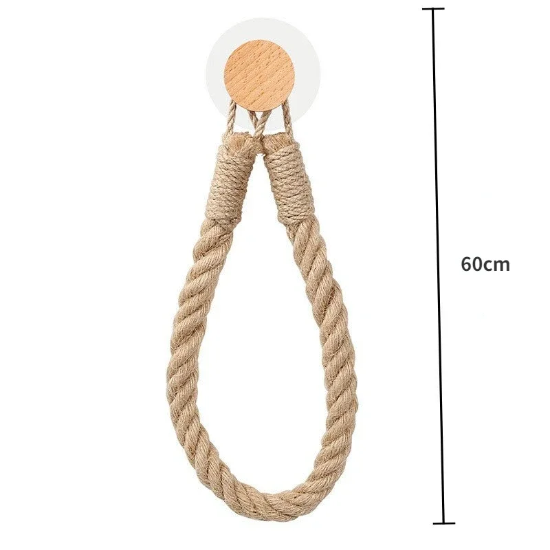 Hemp Rope Tissue Holder Hole Free Wall Hanging Cotton String Hemp Rope Tissue Holder Solid Wood Combination Roll Paper