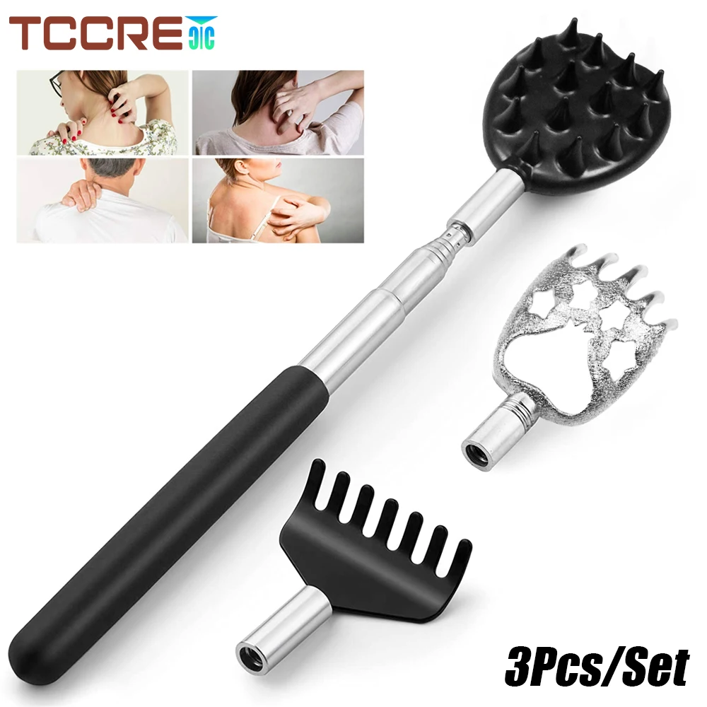 Telescoping Back Scratcher with 3Pcs Detachable Scratching Heads,Extendable Backcratchers for Men/Women,Bear Claw/Rake Scratcher swimming pool skimmer net set includes 1 pcs deep leaf skimmer net 1 pcs leaf rake with mesh net bag 1 pcs aluminum telescopic pole cleaning tool for pools and spa flat rake and deep rake