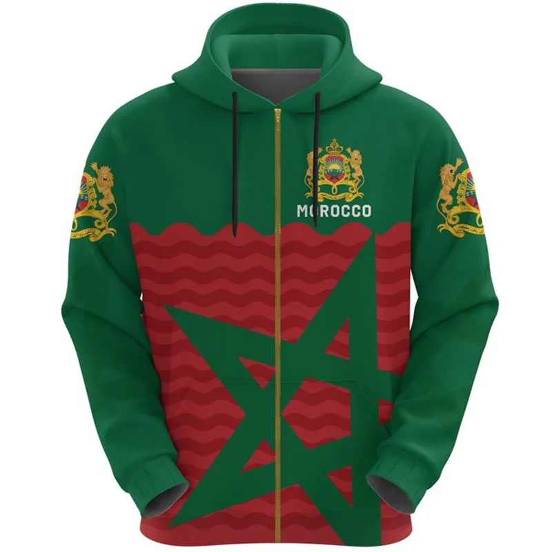 thumbnail image 1 of Sudadera con capucha y cremallera con estampado del emblema de Marruecos en 3D para hombre, tótem espiritual, bandera de Marruecos, sudadera con capucha con cremallera, ropa Harajuku Y2k, 1 of 4