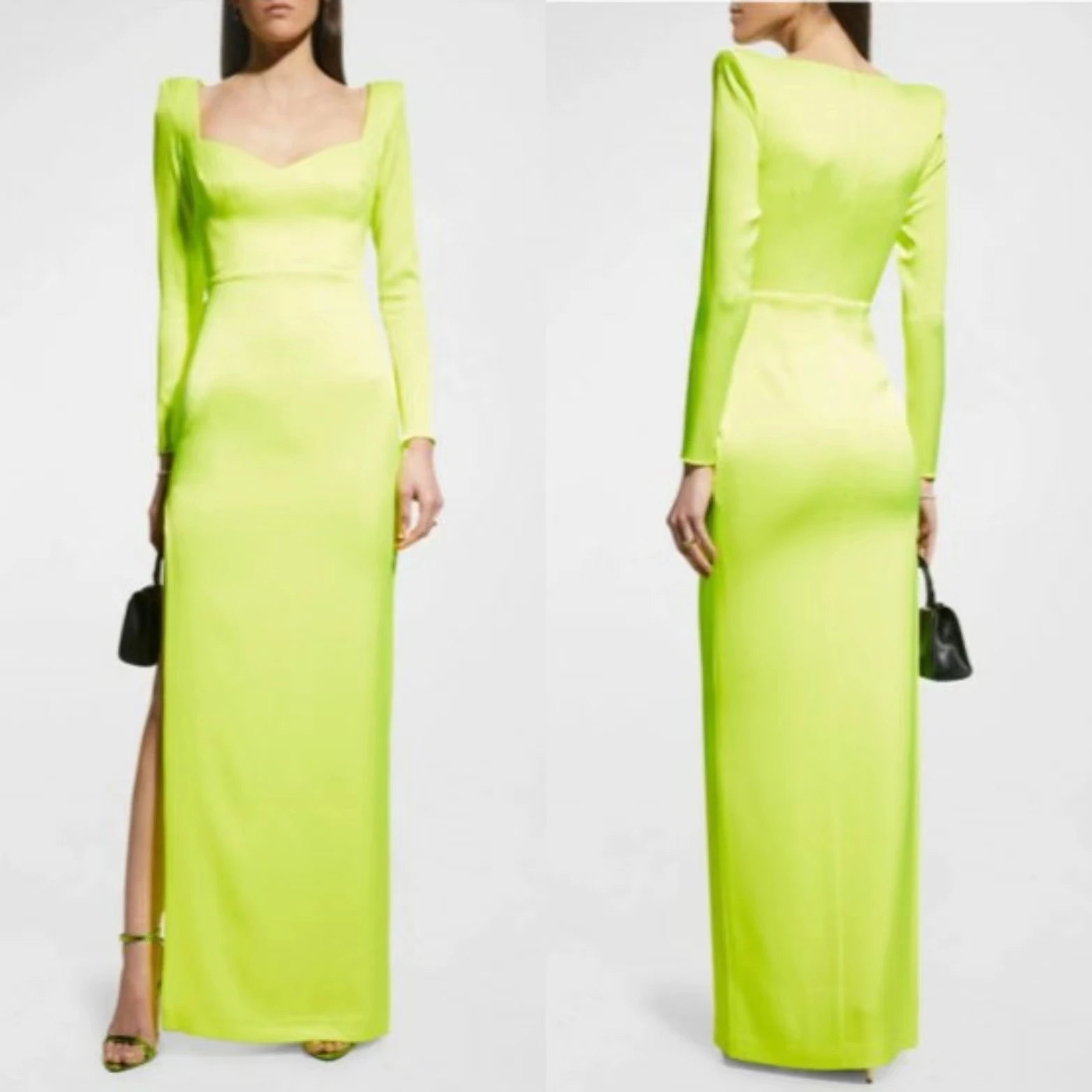 

Elegant Long Satin V-Neck Evening Dresses With Sleeves Slit Sheath فساتين سهرة Floor Length Prom Dresses for Women