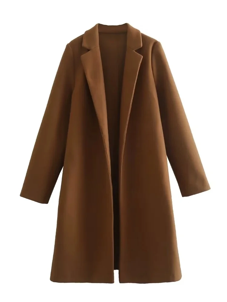 XNWMNZ Women Woolen Coat Fashion Open Stitch Long Coat Vintage Lapel Collar Long Sleeve Jacket Tops Female Outerwear Overcoat