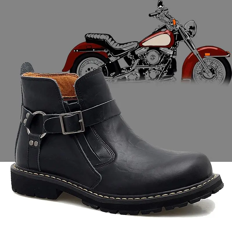 Men Vintage Motorcycle Ankle Boots Genuine Leather Western Knight Cowboy Boots Belt Buckle High Quality Chelsea Work Safety Shoe