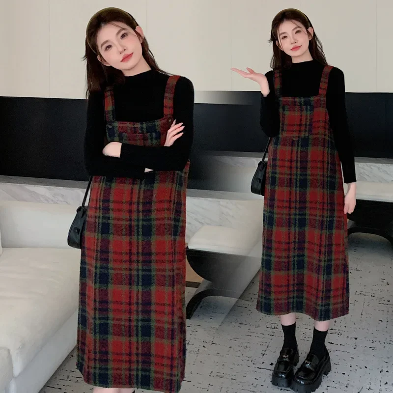 Autumn/Winter New Vintage Red Plaid Maternity Suit Half Polo/Turtle Neck Knit Base Layer Pregnant Women Clothing Set