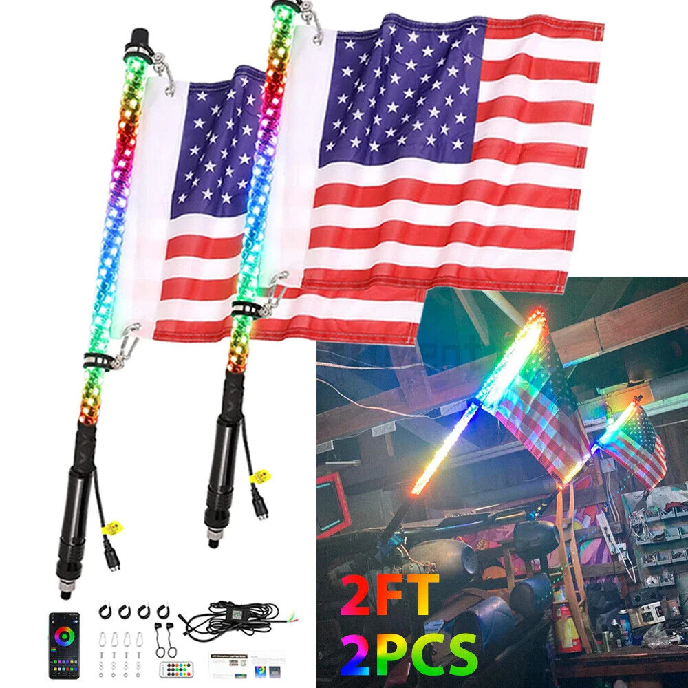 Led Whip Light 2Ft Car Led Light Rgb Impermeabile Pieghevole Remote App Music Control Led Flagpole Lamp Per Suv Atv Utv, Rzr