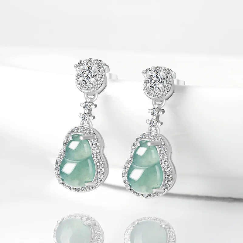 

High End Natural A-grade Jade Blue Water Gourd Earrings S925 Silver Inlaid Ice Jadeite Fashionable Women's Jewelry Drop Shipping